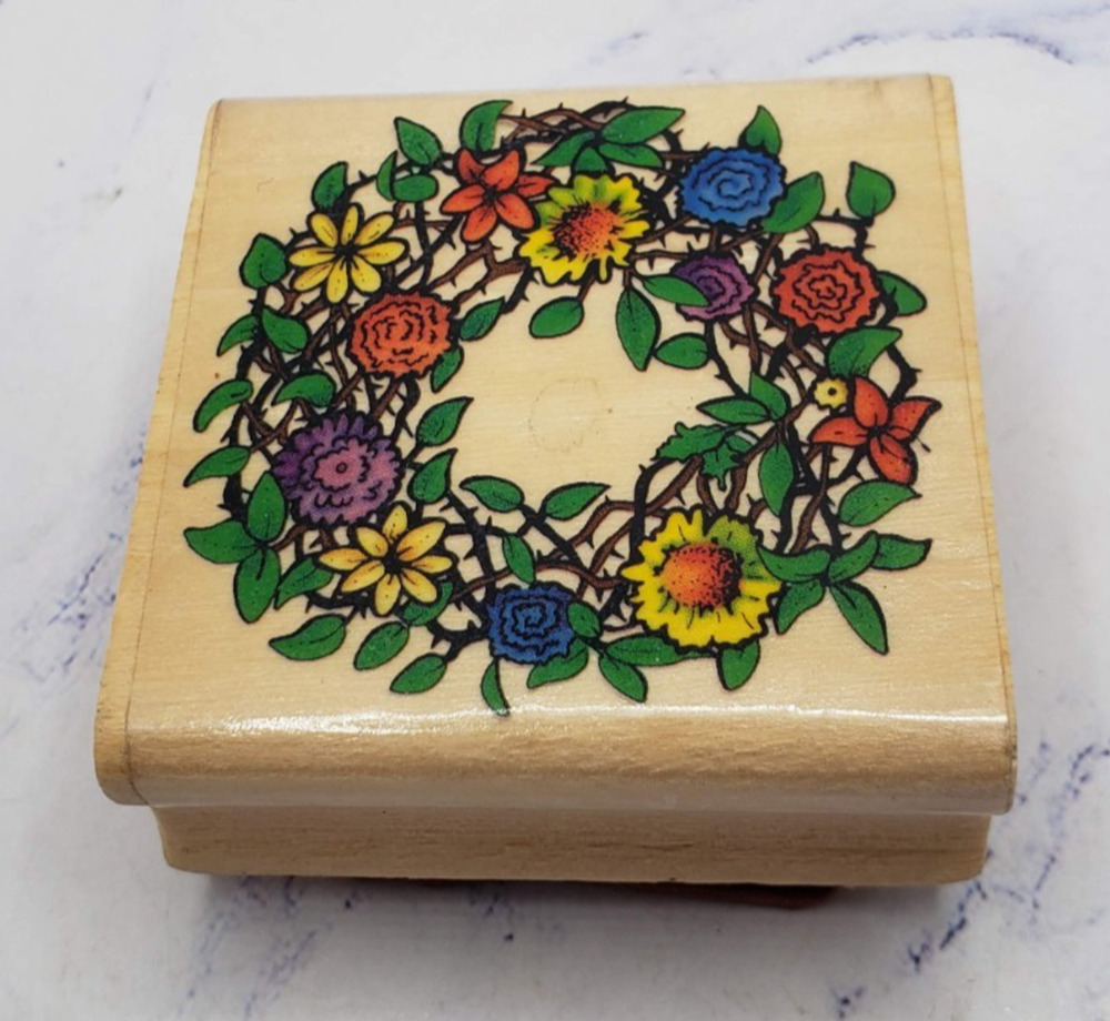 Spring Floral Sunflower Wreath Sky Kids Wood Mounted Rubber Stamp